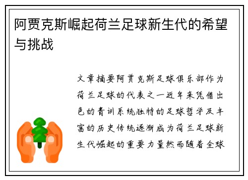 阿贾克斯崛起荷兰足球新生代的希望与挑战
