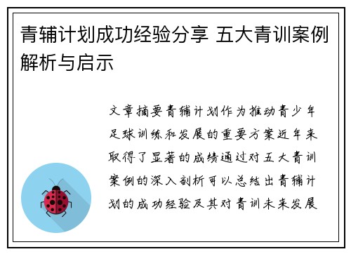 青辅计划成功经验分享 五大青训案例解析与启示