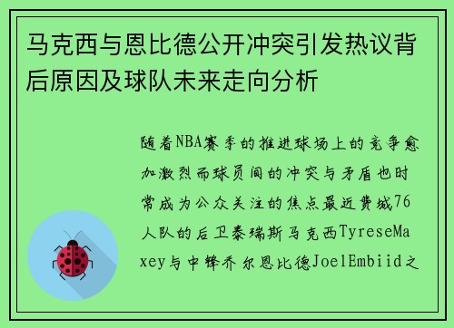 马克西与恩比德公开冲突引发热议背后原因及球队未来走向分析